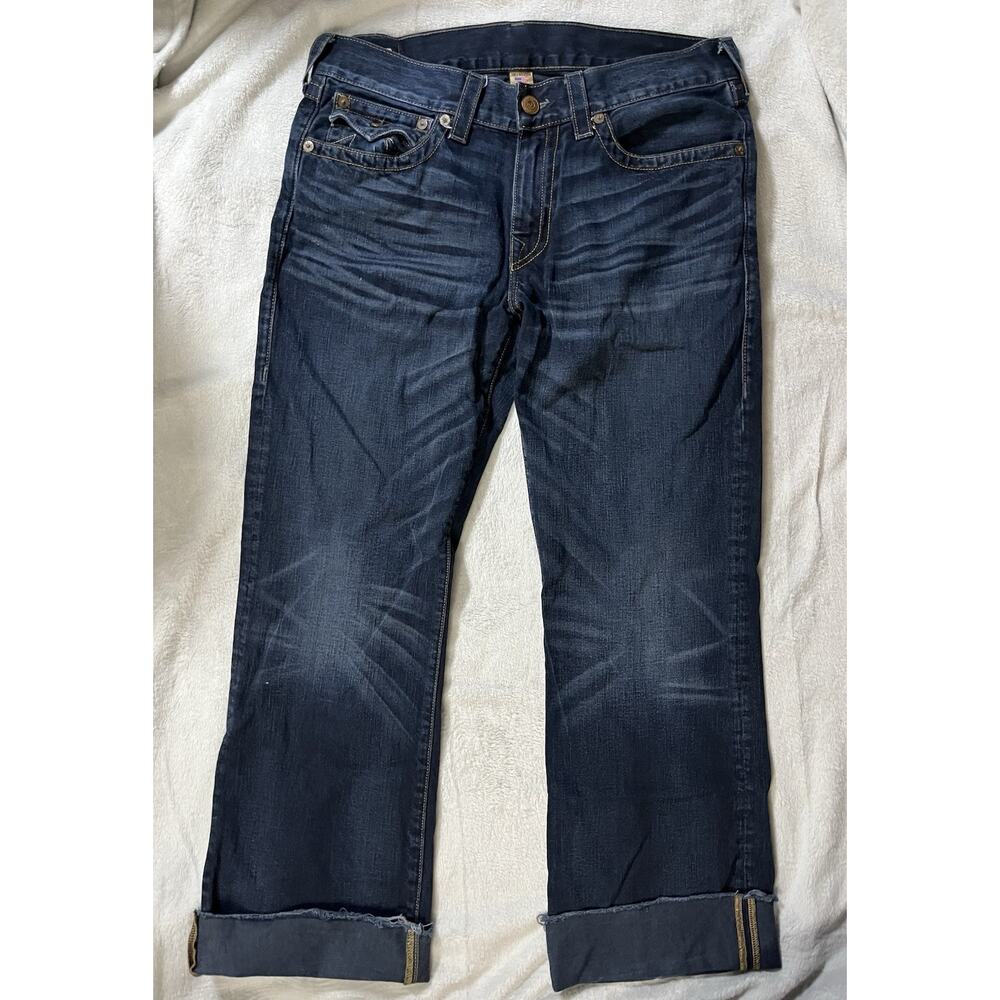 True Religion Billy Yellow Stitch Dark Jeans Vintage Men’s 34 Leather Back Patch
